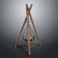 Rustic Wooden Tripod Garden Decor With Hanging Metal Basin And Rope
