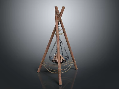 Rustic Wooden Tripod Garden Decor With Hanging Metal Basin And Rope 3d model