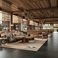 Rustic Restaurant Interior With Wooden Ceiling Hanging Lamps Wicker Chairs And Round Tables