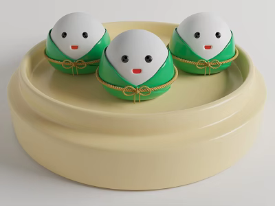 Set Of Three Cute Green White Head Smiling Figurines On Beige Round Tray Decorative Ornaments 3d model