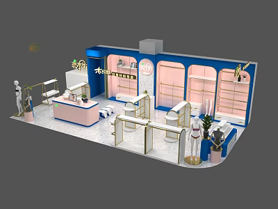 Stylish Boutique Store Interior With Blue Pink Display Shelves Mannequins And Plants 3d model