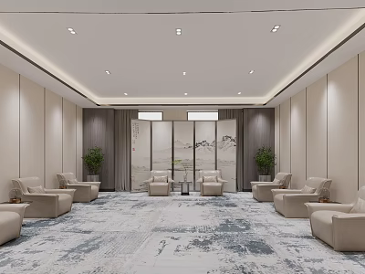 Modern Hotel Public Lounge Area With Beige Sofas Armchairs And Blue White Patterned Carpet 3d model