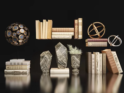 Stylish Home Decorative Ornament Set With Books Spherical Metal Ring Stone Vase And Dried Flowers 3d model