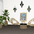 Wicker Chair And Small Table Set With Potted Plants Painting And Diamond Wall Decor