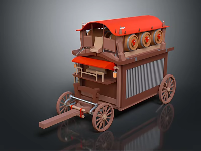 Traditional Style Wooden Carriage With Red Canopy And Large Wheels 3d model