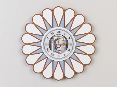 Decorative Wall Clock With Petal Shaped White Brown Frame Blue Accents And Roman Numerals 3d model