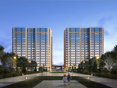 Modern High Rise Residential Buildings With Glass Curtain Walls And Landscaped Entrance Areas 3d model