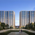 Modern High Rise Residential Buildings With Glass Curtain Walls And Landscaped Entrance Areas