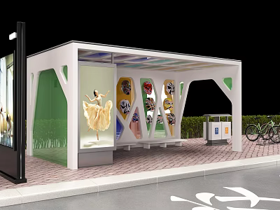 Modern Bus Stop With White Roof Green Glass Bench And Advertising Posters 3d model