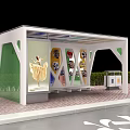 Modern Bus Stop With White Roof Green Glass Bench And Advertising Posters