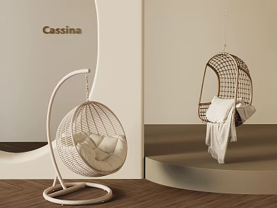 Cassina Modern Hanging Chairs With Rattan Spherical Design Soft Cushions And Blanket 3d model