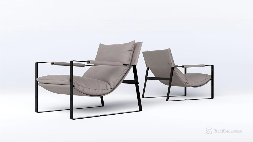 Two Modern Light Gray Leisure Chairs Featuring Black Metal Frames And Soft Cushions 3d model 