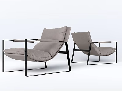 Two Modern Light Gray Leisure Chairs Featuring Black Metal Frames And Soft Cushions 3d model