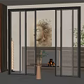 Modern Interior Black Frame Frosted Glass Sliding Doors With Decorative Painting And Fireplace