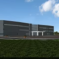 Modern Office Building Exterior With Glass Curtain Wall Green Lawn And People Walking