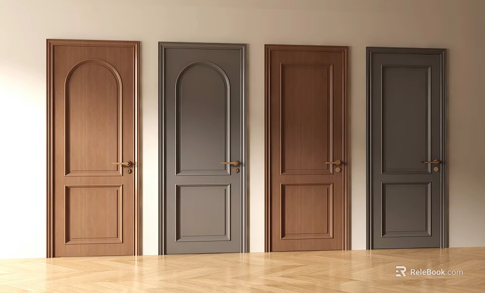 Wooden Hinged Doors Brown and Gray with Arched Top and Paneled Designs for Interior Decoration 3d model 