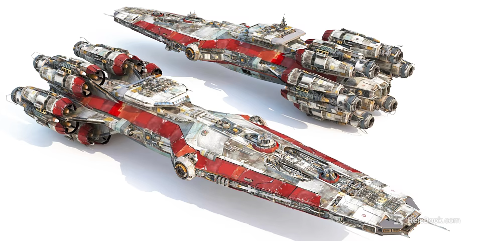 Large Sci Fi Spaceships With Red And White Color Scheme And Mechanical Details 3d model 