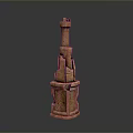 Carved Brown Sculptural Tower Structure With Textured Surface And Layered Sections