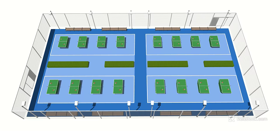 Indoor Table Tennis Court With Multiple Green Tables Blue Floor And Benches 3d model 