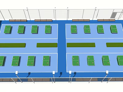 Indoor Table Tennis Court With Multiple Green Tables Blue Floor And Benches 3d model