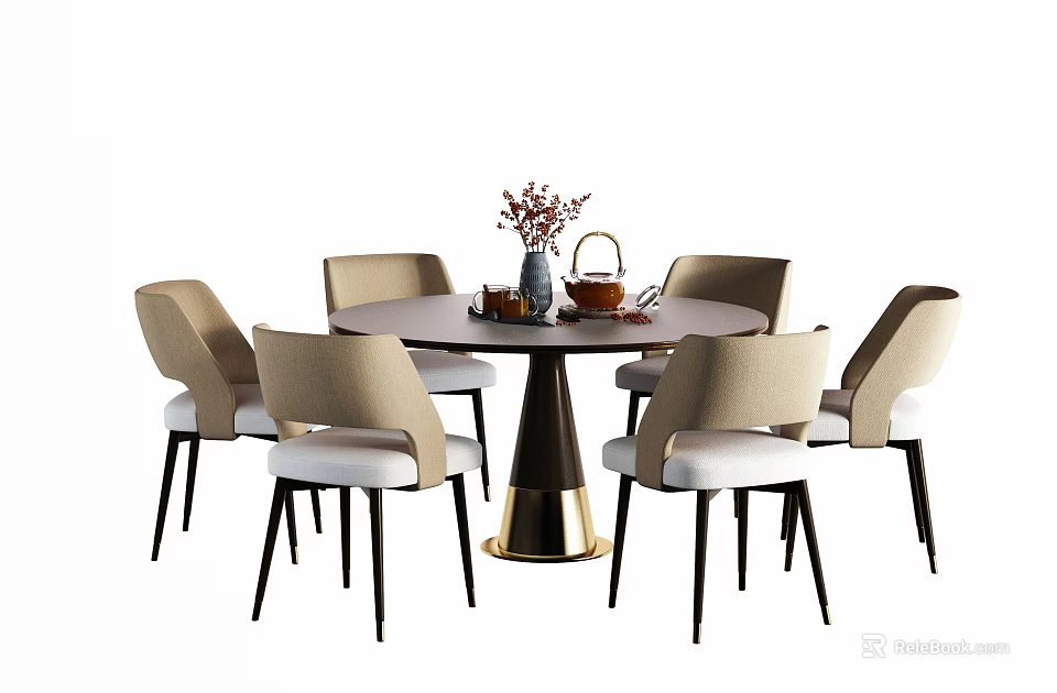 Modern Round Dining Table Set With Six Beige Chairs Black Legs And Floral Vase 3d model 