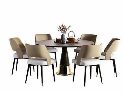 Modern Round Dining Table Set With Six Beige Chairs Black Legs And Floral Vase 3d model