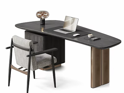 Modern Home Office Desk With Curved Surface Laptop Table Lamp And Comfortable Chair 3d model