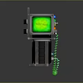 Vintage Industrial Equipment Console With Green Screen Colorful Buttons And Green Coiled Cable