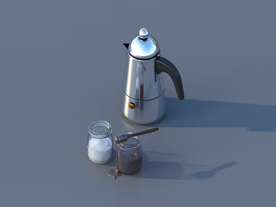 Stainless Steel Mocha Pot With Glass Jars Of Sugar Coffee Powder And Wooden Spoon 3d model