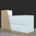 Modern White Reception Desk With Wooden Base Drawers And Shelf Compartments