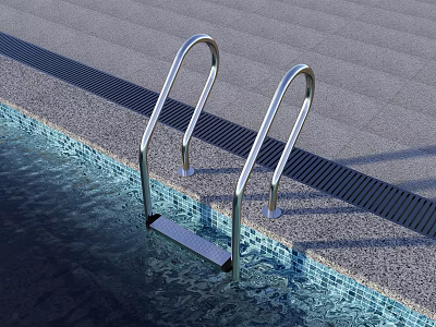 Stainless Steel Pool Ladder With Tiled Edge And Gray Pavement Surroundings 3d model