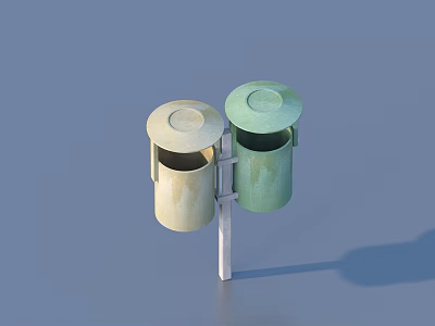Beige And Green Metal Trash Bins With Lids Mounted On Metal Pole 3d model