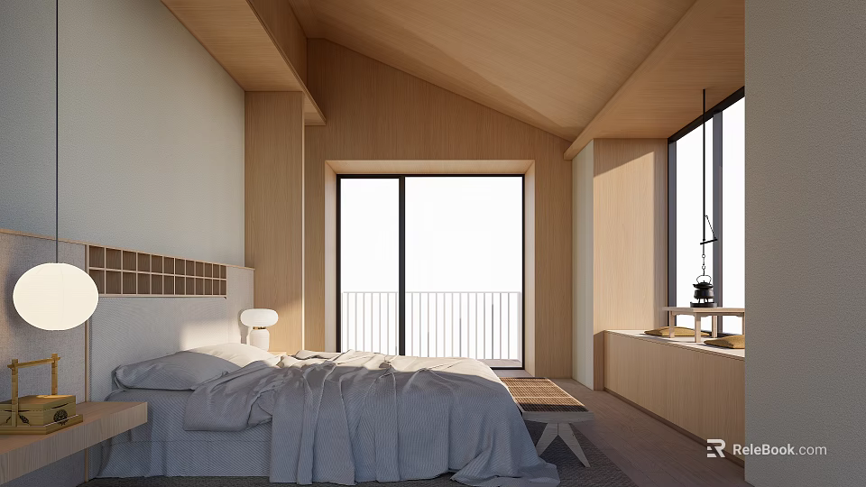 Hotel Guest Room With Wooden Ceiling Large Glass Windows White Bed And Wooden Furniture 3d model 
