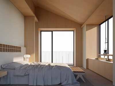Hotel Guest Room With Wooden Ceiling Large Glass Windows White Bed And Wooden Furniture 3d model