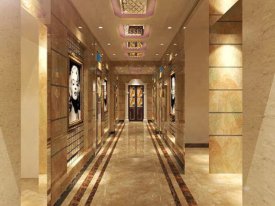 Luxury KTV Corridor With Elegant Decor Marble Flooring And Ceiling Lights 3d model