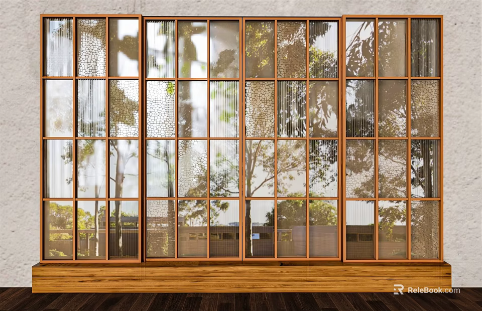 Modern Casement Windows With Wooden Frames Textured Glass And Trees Outside View 3d model 