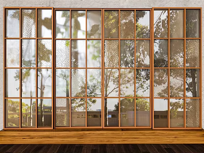 Modern Casement Windows With Wooden Frames Textured Glass And Trees Outside View 3d model