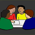 Group Of Cartoon Creatures Sitting Around Table Discussing With White Paper And Colored Outfits