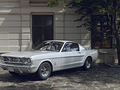 Classic Silver Ford Mustang Parked Near Building 3d model