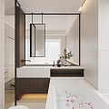 Modern Bathroom Interior With Glass Shower Vanity Large Mirror And Potted Plant