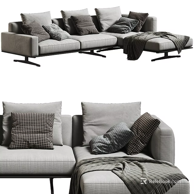 Gray Sectional Sofa With Multiple Decorative Pillows And Soft Throw Blanket For Modern Living Room 3d model 