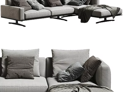 Gray Sectional Sofa With Multiple Decorative Pillows And Soft Throw Blanket For Modern Living Room 3d model
