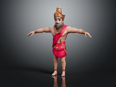 Mythical Bearded Character In Red Outfit With Golden Headdress Standing Arms Outstretched 3d model