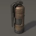 Military Weapon Grenade With Brown Body Yellow Caution Label And Metal Ring Handle