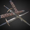 Ancient Crossed Swords And Dagger With Metal Blades And Leather Wrapped Hilts On Dark Background