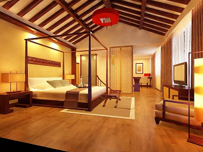 Traditional Chinese Hotel Guest Room With Wooden Ceiling Red Lantern And Four Poster Bed 3d model