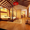 Traditional Chinese Hotel Guest Room With Wooden Ceiling Red Lantern And Four Poster Bed