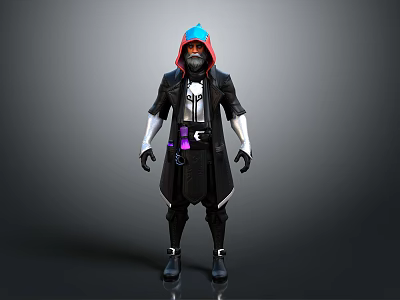 Game Movie Character Design With Blue Red Hood Black Coat White Sleeves And Purple Accessory 3d model