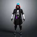 Game Movie Character Design With Blue Red Hood Black Coat White Sleeves And Purple Accessory