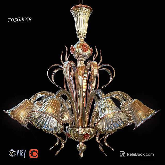Ornate Glass Chandelier With Decorative Metal Frame And Petal Shaped Illuminated Shades 3d model 
